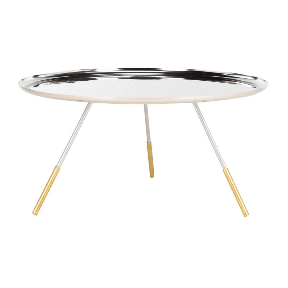 Round Silver Metal Coffee Table with Gold Cap Legs