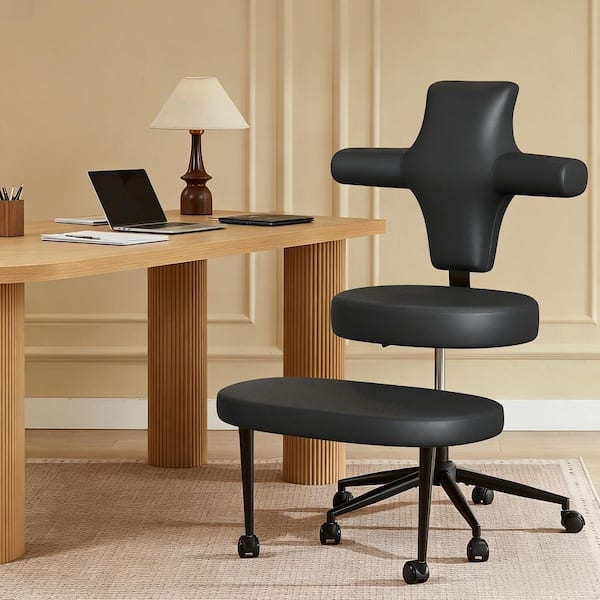 Faux Leather Ergonomic Swivel Office Chair Upholstered Chair with Wheel Lumbar Support and Height Adjustment in PU Black