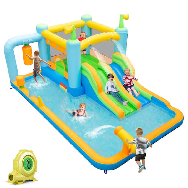 HONEY JOY Inflatable Water Slide Park Giant Bounce House with Double Long Slides Boxing Splash Pool Jumping Area w/735-Watt Blower