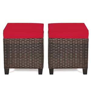 Patio Rattan Wicker Outdoor Ottoman Footrest Garden with Red Cushion (Set of 2)