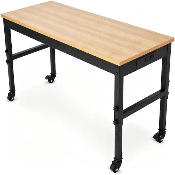 60" x 24" Work Bench, Adjustable Height Workbench, Heavy Duty Rubberwood Tabletop with Lockable Wheels