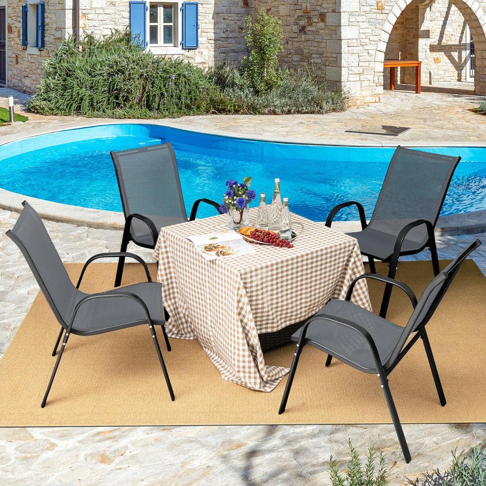 Set of 4 Gray Steel Frame Patio Dining Chairs