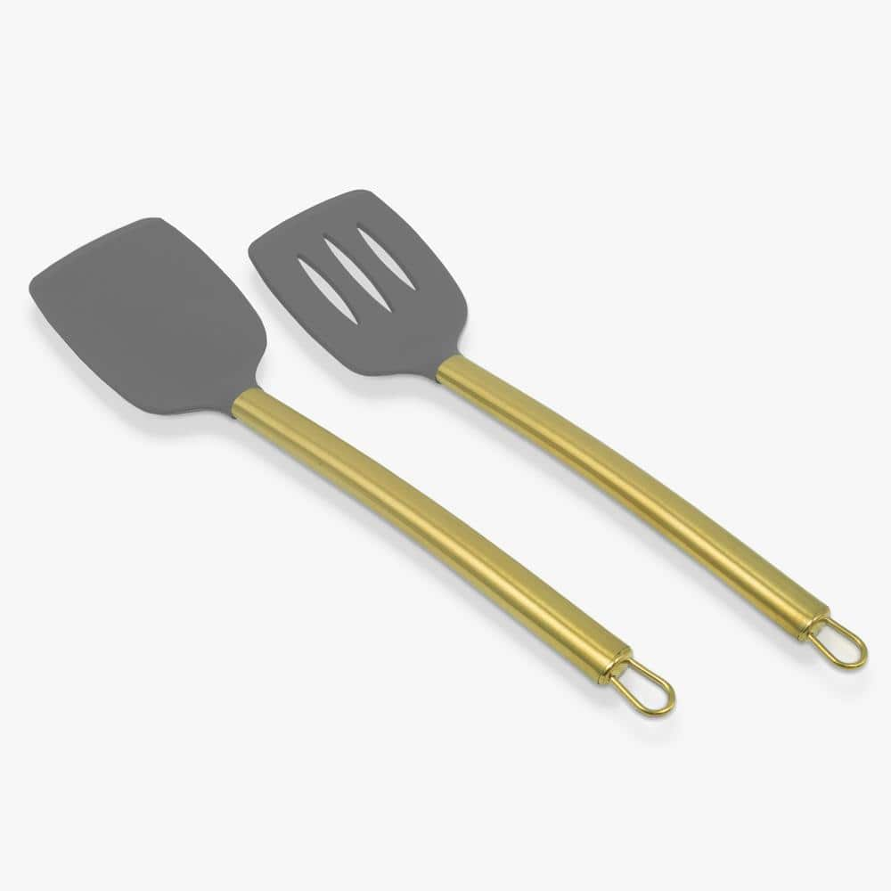 ExcelSteel 2 Pc 13.75" Silicone Gold Plated Turner Set w/Grey