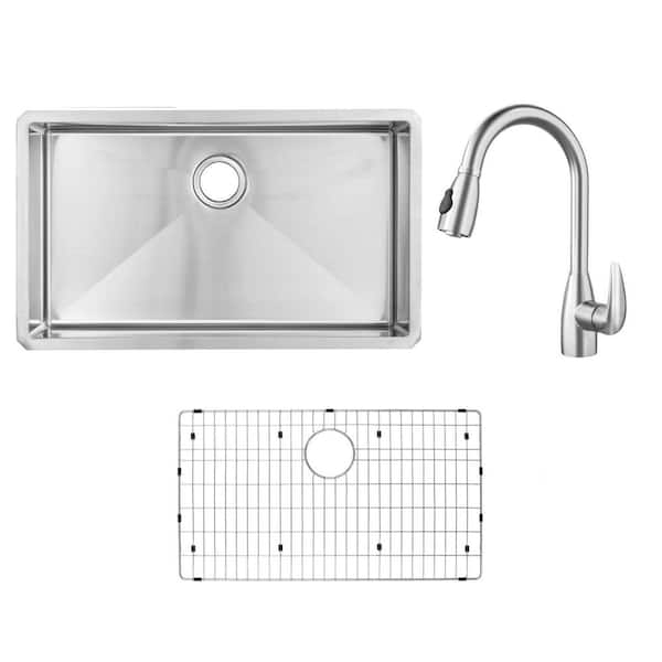 32 in. Handmade Tiny Radius Undermount Single Bowl 16 Gauge Stainless Steel Kitchen Sink with Pull-Out Sprayer Faucet