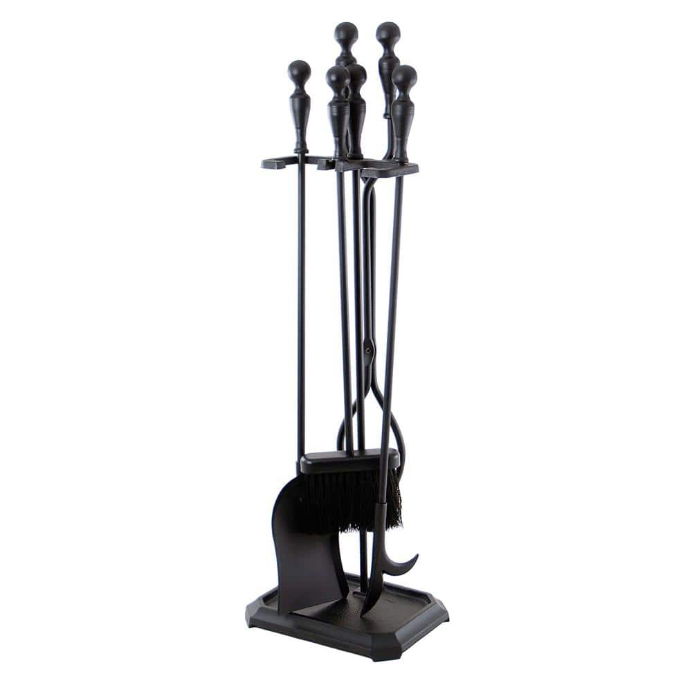 ACHLA DESIGNS 30 in. Tall 5-Pieces Black Plymouth Fireplace Set with Square Base