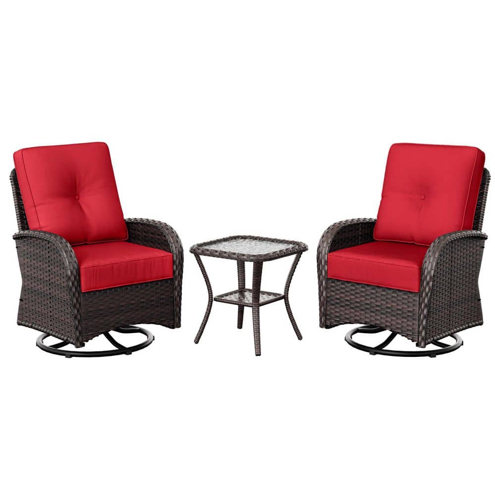 3-Pieces Dark Brown Wicker Outdoor Rocking Chairs Patio Swivel Chairs with Red Cushions and Table price history on PriceWatchPro