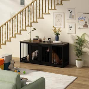 Black Large Dog Crate Furniture for 2 Dogs, XXL Heavy-Duty Wooden Dog Crate with Trays and Divider for Large Medium Dog