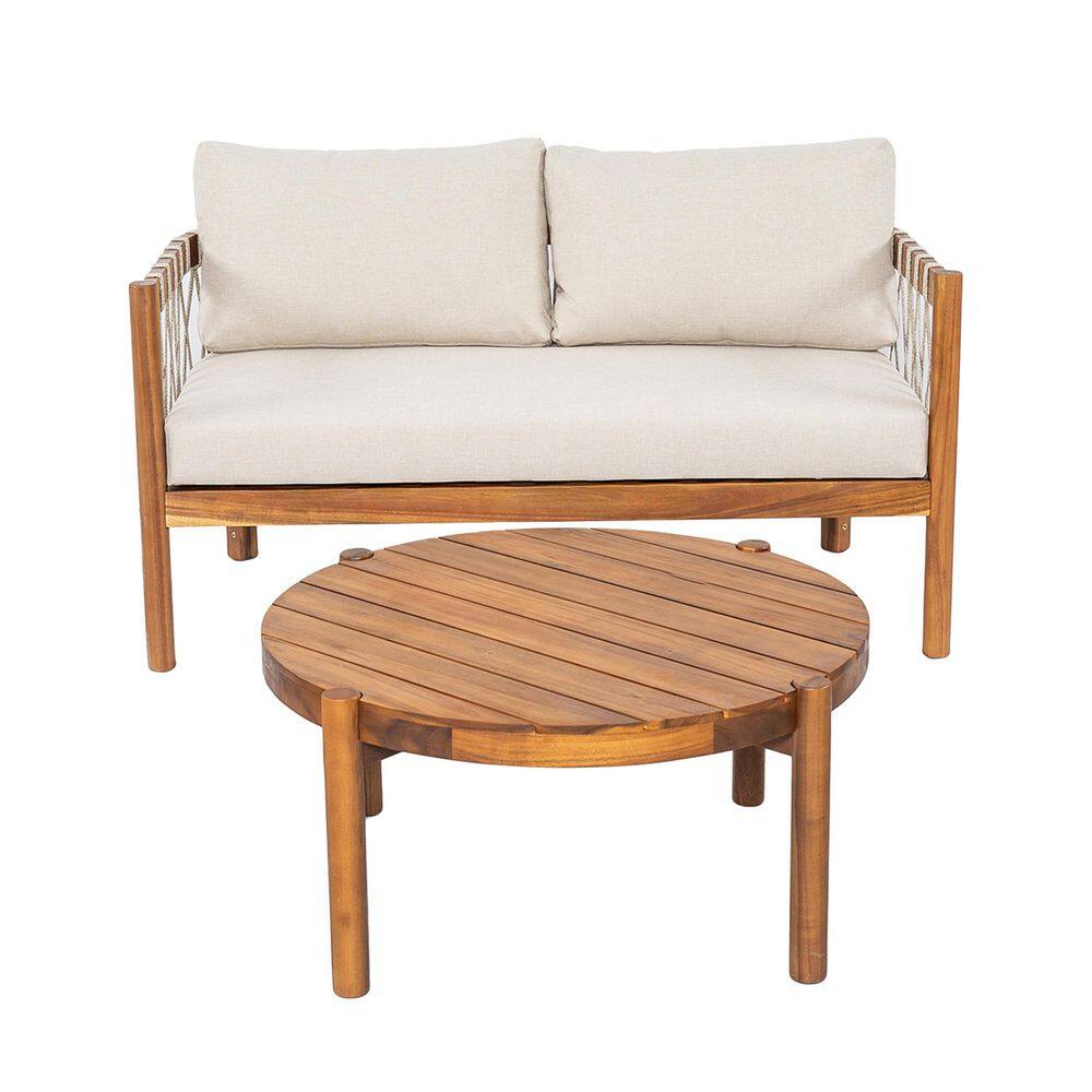 Kitty 2-Piece Outdoor Solid Wood and Handwoven Rope Patio Conversation Set with Beige Cushions, Teak Finish price history on PriceWatchPro