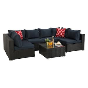 Dark Coffee Wicker Outdoor Sectional Set with Coffee Table and Dark Blue Cushions