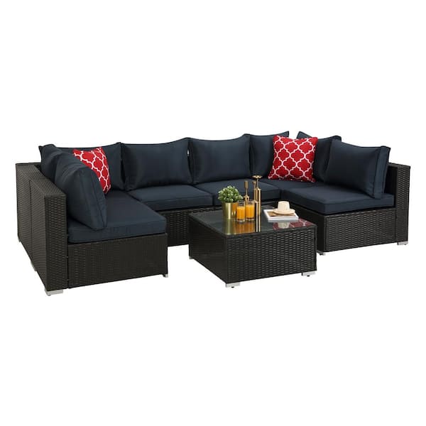 waelph Dark Coffee Wicker Outdoor Sectional Set with Coffee Table and Dark Blue Cushions