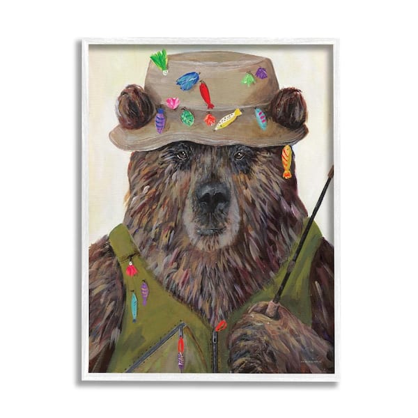 Stupell Industries Fisherman Outfit Grizzly Bear Fishing by Kamdon Kreations 1-Piece White Framed Animal Giclee Art Print 30 in. x 24 in.
