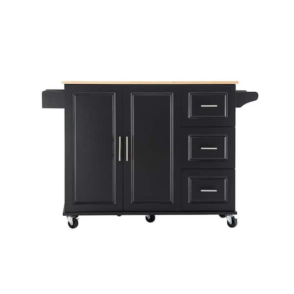 Polibi Black Rubber Wood Table Top Material 53.93  in.. Kitchen Island with Extensible Table Top, adjustable Shelf, 3-Drawers
