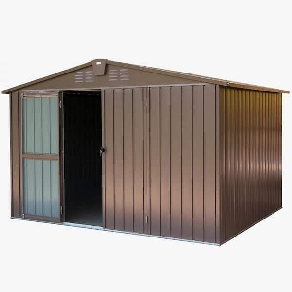 10 ft. W x 8 ft. D Outdoor Metal Shed Storage Tool House with Lockable Double Door for Backyard, Brown (80 sq. ft.)