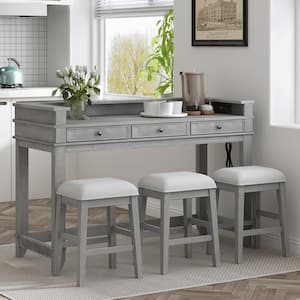 4-piece Gray Dining Bar Table Set with Drawers, USB Charging Station and 3 Upholstered Stools