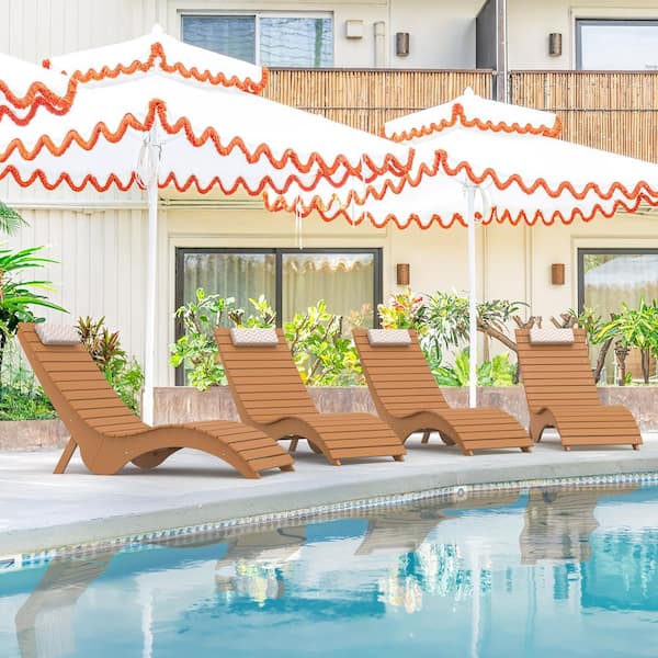 Teak 4-Piece HDPS Plastic Stackable Outdoor Chaise Lounge Patio Lounge Chair with Cushion Up to 10 in. Deep