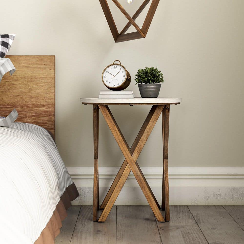 Round Distressed White and Natural Wood Pedestal End Table