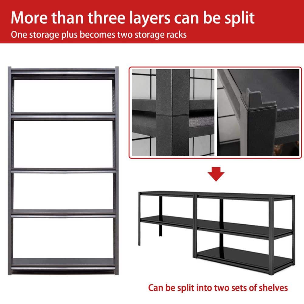 72" Black Heavy Duty Metal 5-Tier Adjustable Shelving Unit