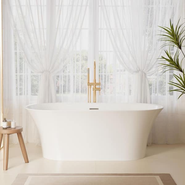 ANGELES HOME 67 in. x 31.5 in. 100% Pure Virgin Acrylic Freestanding Soaking Bathtub with Center Drain and Overflow in White