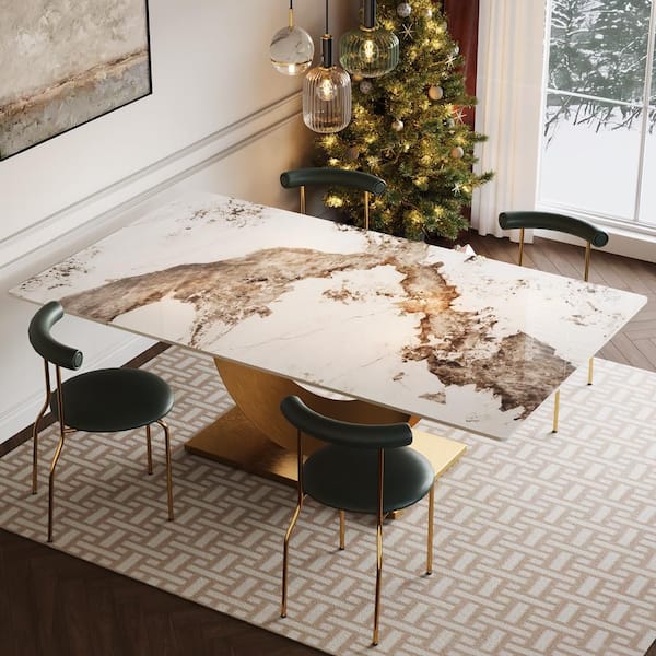BYBLIGHT Roesler White Gold 78.7 in. Pedestal Luxury Dining Table