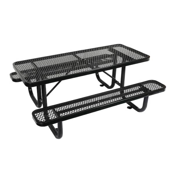 Zeus & Ruta 6 ft. Stainless Steel Rectangular Outdoor Picnic Table with Umbrella Pole in Black
