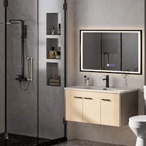 55 in. W x 30 in. H Rectangular Framed Dimmable Backlit Front Light Slope LED Bathroom Vanity Mirror in Black, Easy Hang