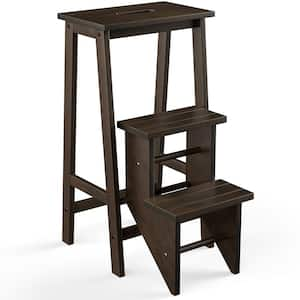 Brown 3-Tier Folding Step Stool 3-in-1-Rubber Wood Ladder Storage Shelf