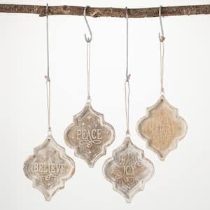 5 in. Holiday Text Wood Ornament - Set of 4, White Christmas Ornaments