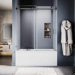 UKS05 56 to 60 in. W x 66 in. H Sliding Frameless Bathtub Door in Stainless Steel with EnduroShield SGCC Clear Glass