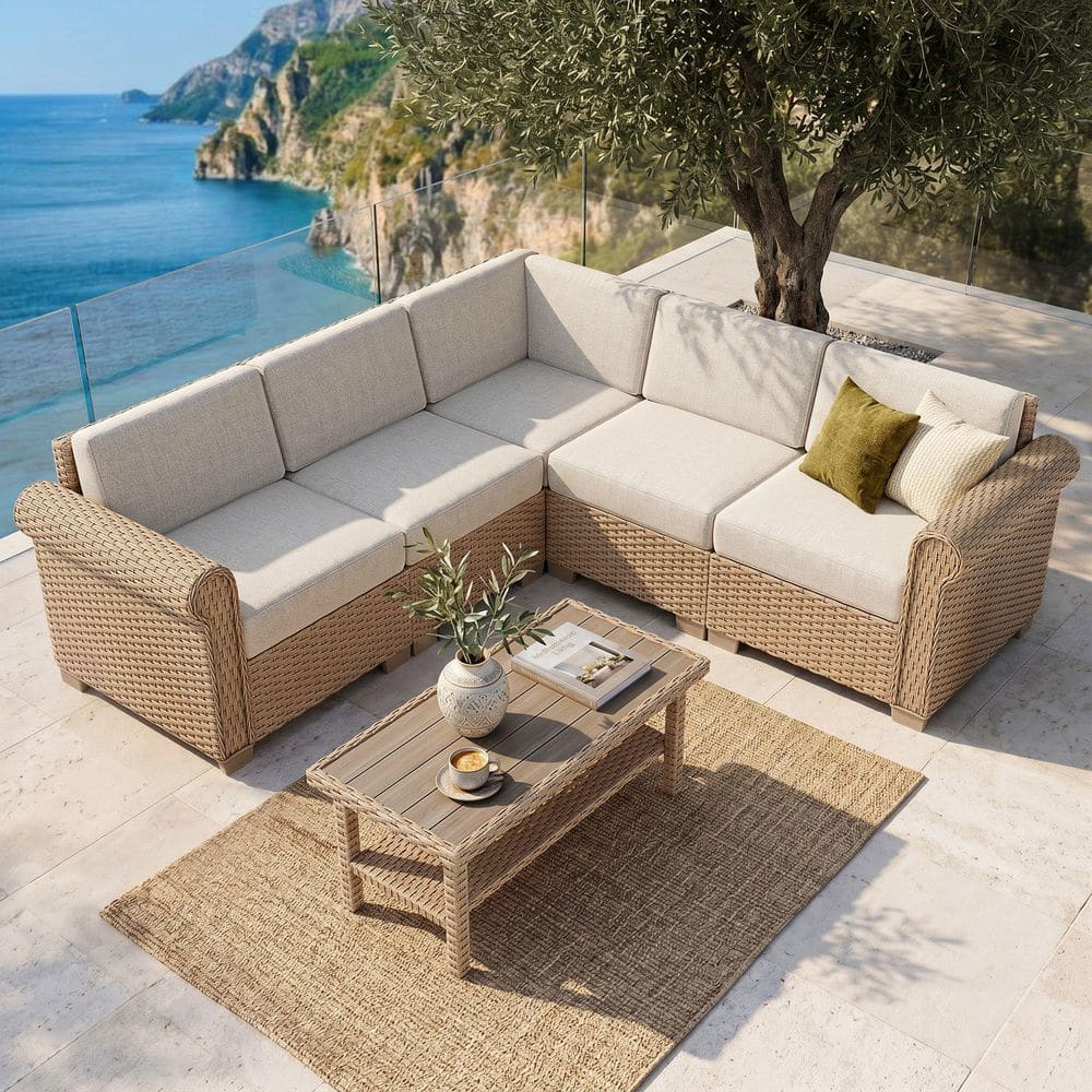 PHI VILLA 6-Piece Wicker Outdoor Sectional Set with a Coffee Table