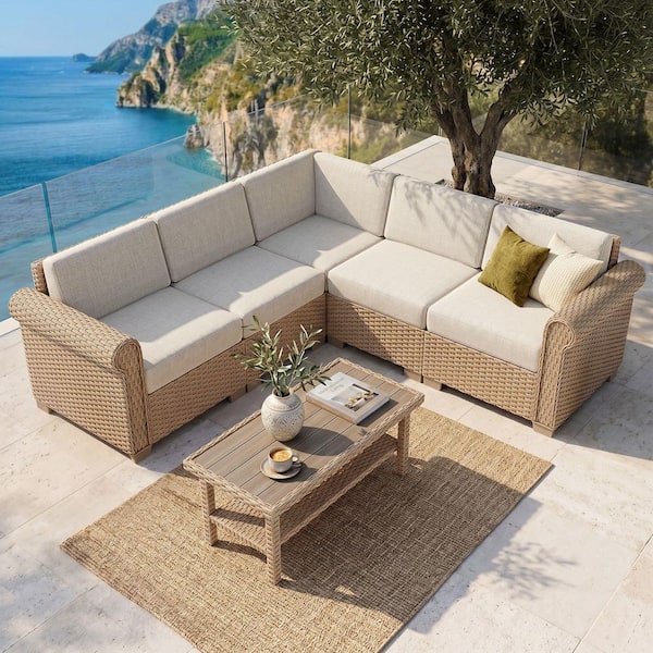 6-Piece Wicker Outdoor Sectional Set with a Coffee Table and Beige Cushions