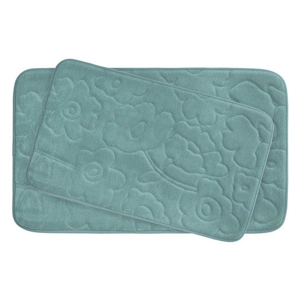BounceComfort Stencil Floral 17 in. x 24 in./ 20 in. x 34 in. 2-Piece Memory Foam Bath Mat Set in Marine Blue