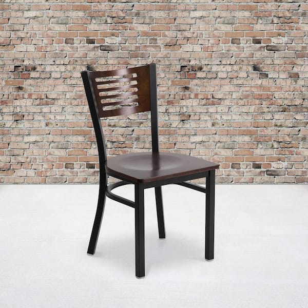 Hercules Series Black Decorative Slat Back Metal Restaurant Chair with Walnut Wood Back and Seat