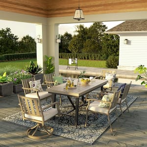 7-Piece Aluminum Outdoor Dining Set with Beige Sunbrella Cushions, Extendable Table, 2 Swivel Chairs, 4 Dining Chairs