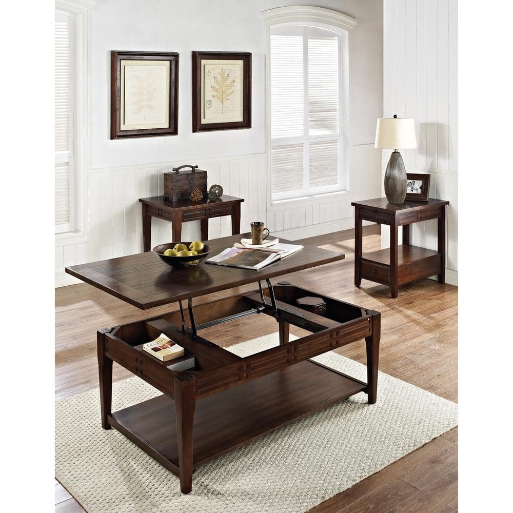 Transitional Walnut Wood Rectangular Lift-Top Coffee Table with Storage