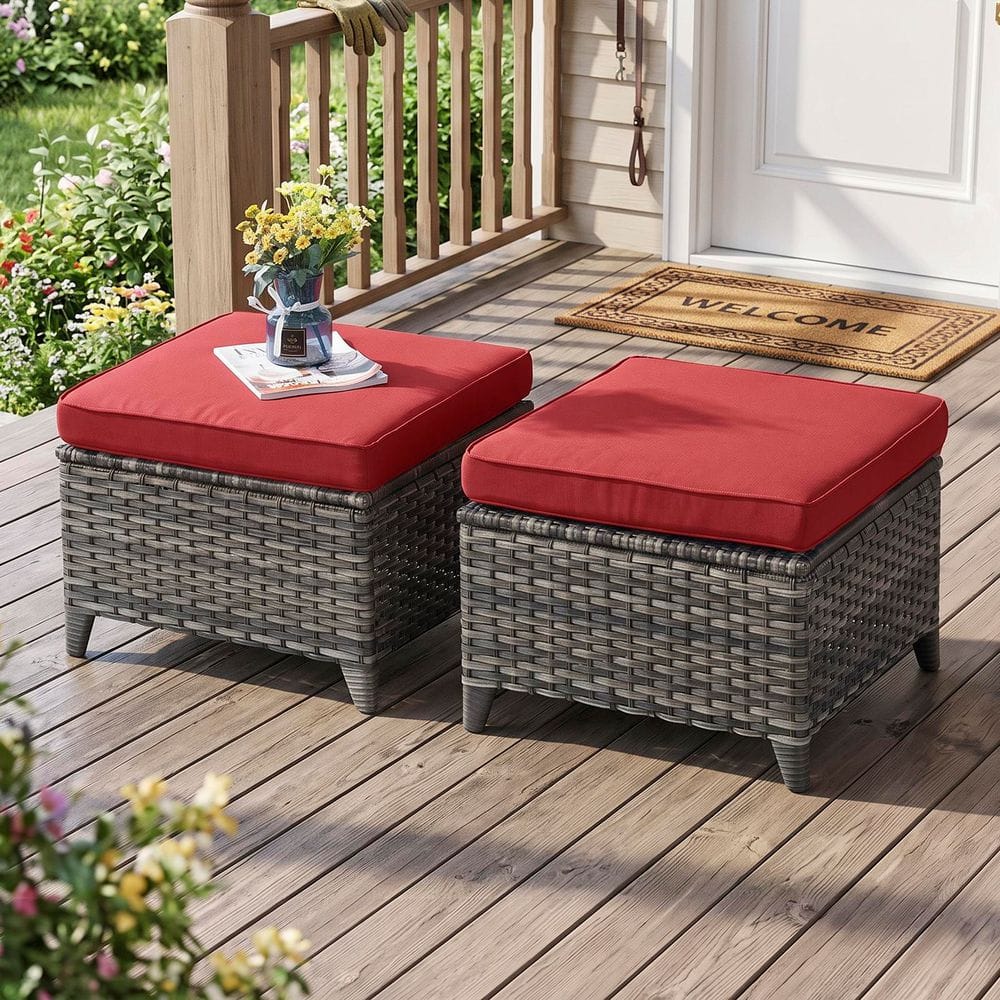 Carolina Wicker Outdoor Ottoman with Red Cushion (2-Pack)