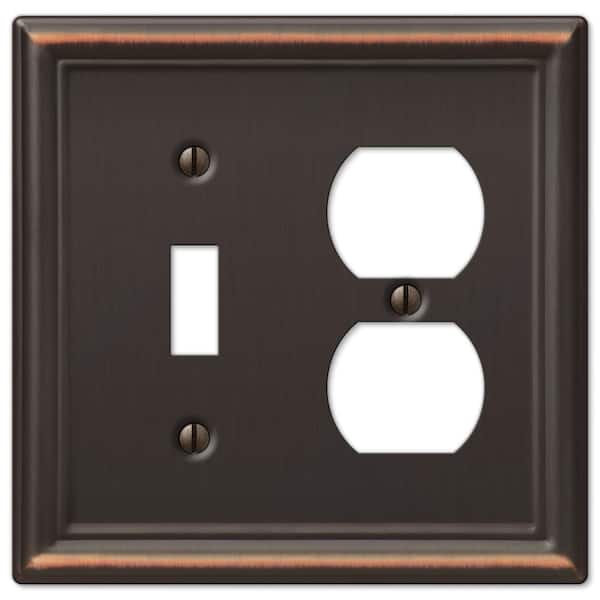 AMERELLE Ascher 2-Gang Aged Bronze 1-Toggle/1-Duplex Stamped Steel Wall Plate
