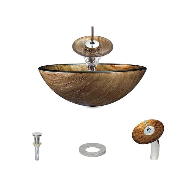 MR Direct Glass Vessel Sink in Golden Bronze Foil Undertone with Waterfall Faucet and Pop-Up Drain in Chrome