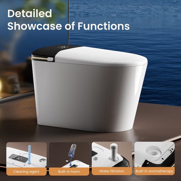 Elongated 1.28 GPF Smart Bidet Toilet with Foam Shield, Massage Seat, Auto Open/Close, Front Feminine Wash in White