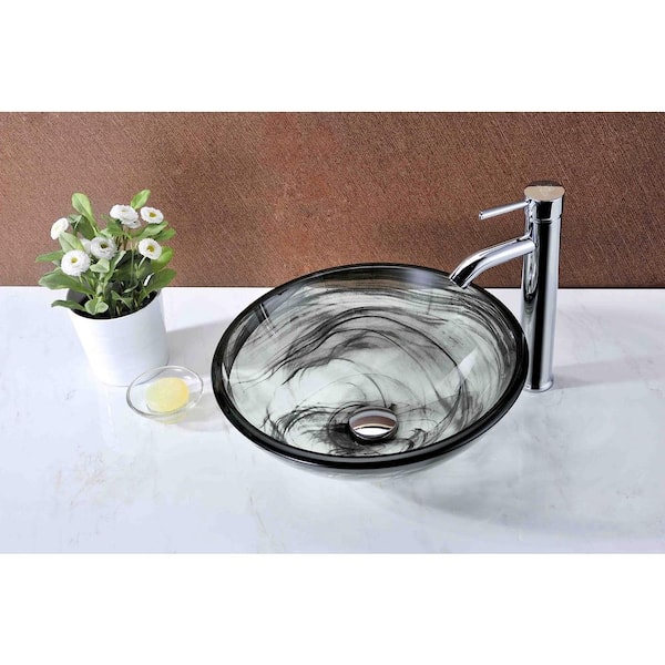 Mezzo Series 17 in. Round Bathroom Vessel Sink with Stain-Resistant Non-Porous Surface in Slumber Wisp Finish Glass