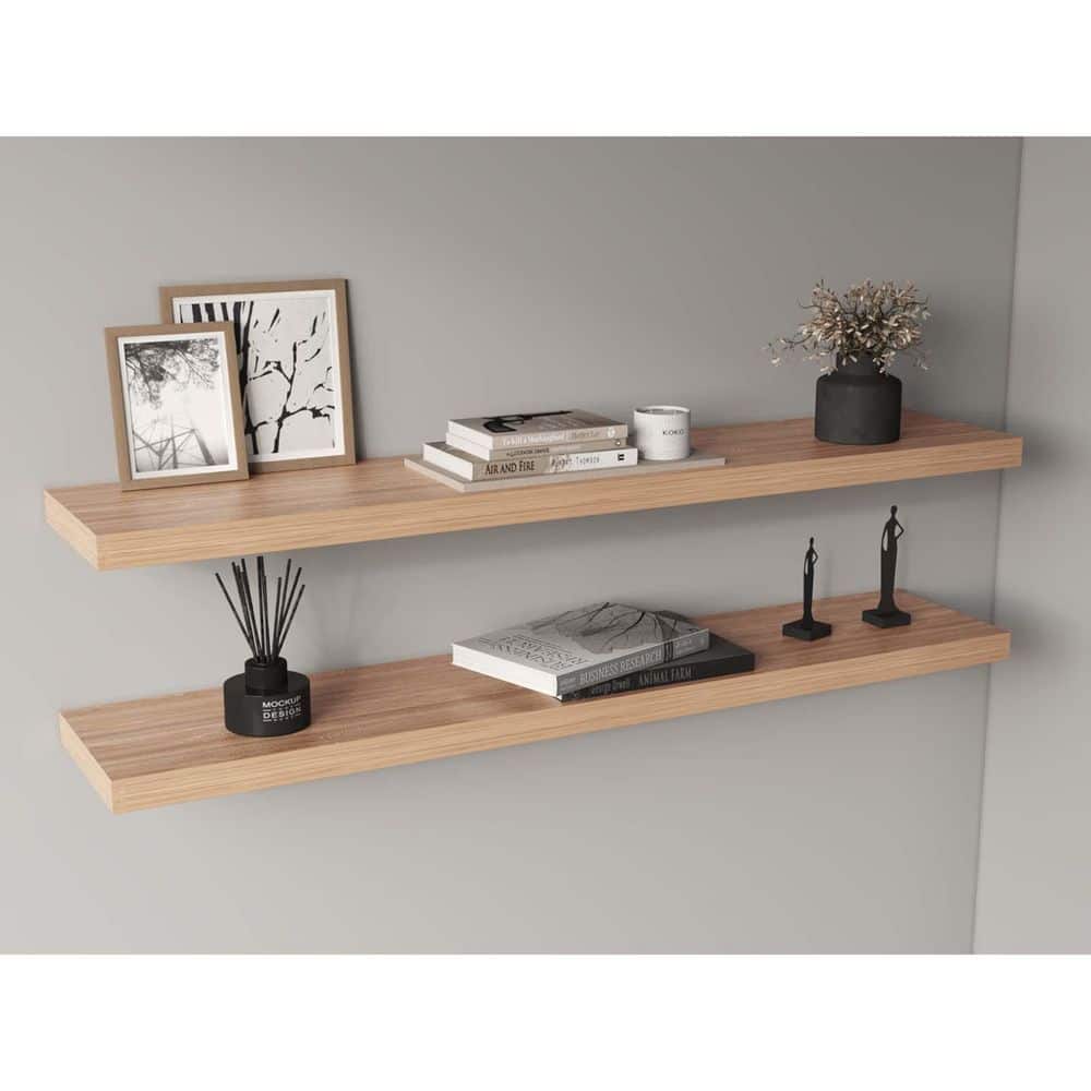 47 in. W x 9.8 in. D Natural Floating Wall Shelves Set of 2, Wood Wall Moun