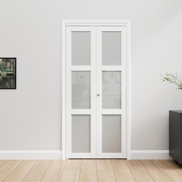 36 in. x 80 in. 3-Lite Tempered Frosted Glass and Solid Core White Finished MDF Closet Bi-Fold Door with Hardware