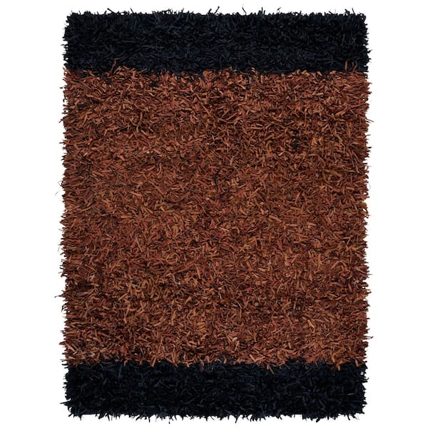 Leather Shag 8 ft. x 10 ft. Brown/Black Contemporary Leather Strip Area Rug