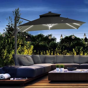 10 ft. Cantilever Patio Umbrella with Solar LED Lights, Heavy-Duty Double Top Offset Umbrella, 360° Rotation in Gray