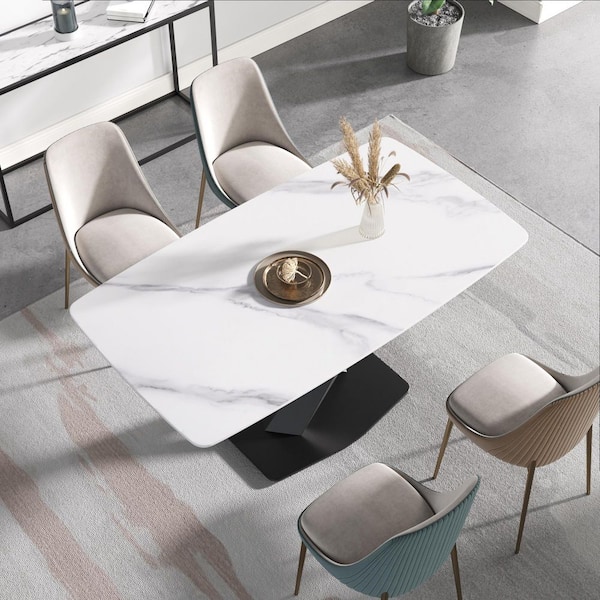 63 in. White Pattern Rectangle Sintered Stone Top Pedestal Black Carbon Steel Base Dining Table (Seats-6)