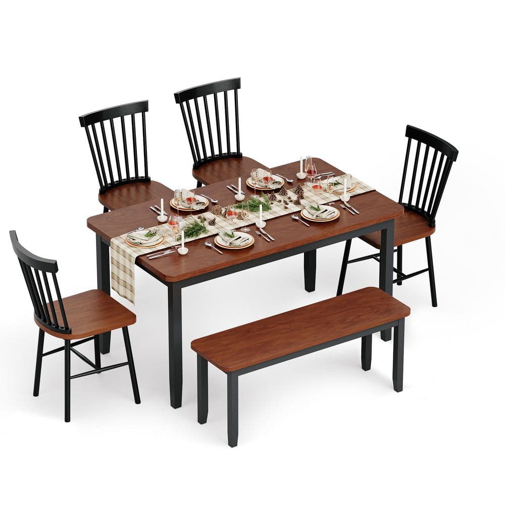 6 Piece Rectangular Black/Walnut Wood Top Dining Table Set Seats 6