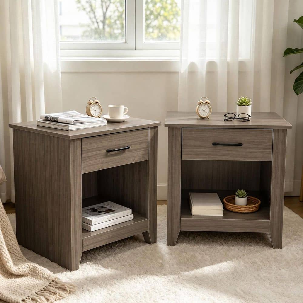 Gray Nightstands Set of 2 with Drawer & Open Shelf, Wood Bedside Table, Modern Storage End Table for Bedroom price history on PriceWatchPro