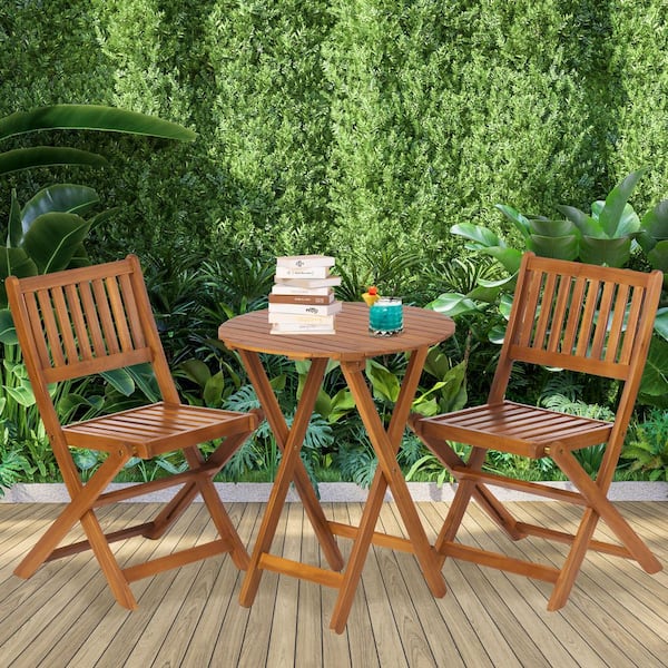 Siavonce 3-Piece Acacia Wood Outdoor Bistro Set, Wooden Folding Patio Furniture for Garden Backyard Balcony Porch, Light Brown