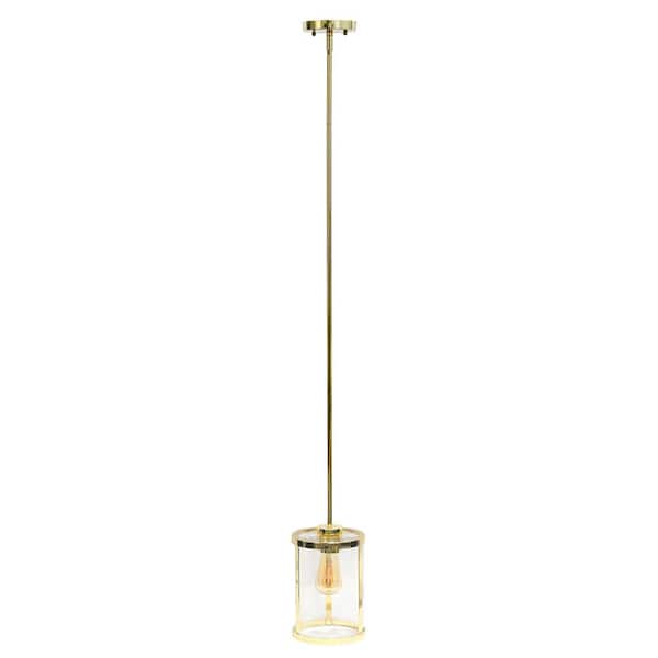 Elegant Designs 9.25 in. Gold Adjustable Modern Industrial Farmhouse 1-Light Metal and Clear Cylindrical Glass Shade Pendant Light