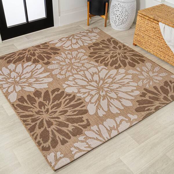 Zinnia Modern Floral Textured Weave Brown/Cream 5 ft. Square Indoor/Outdoor Area Rug