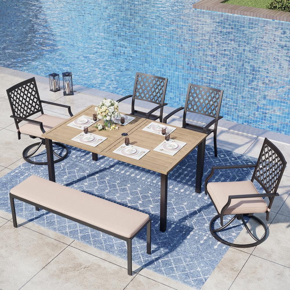 6-Piece Rectangular Outdoor Dining Set with Brown Slat Table and Bench with Beige Cushion price history on PriceWatchPro